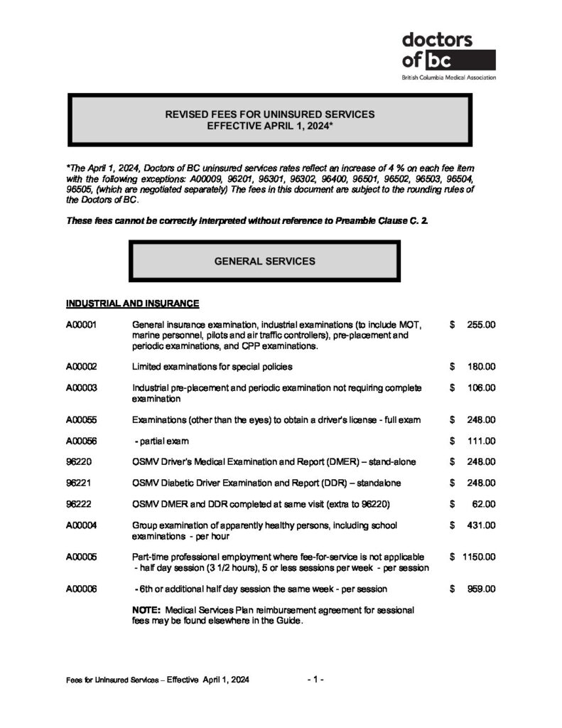 thumbnail of BCMA Uninsured Fee Schedule 1 Apr 2024