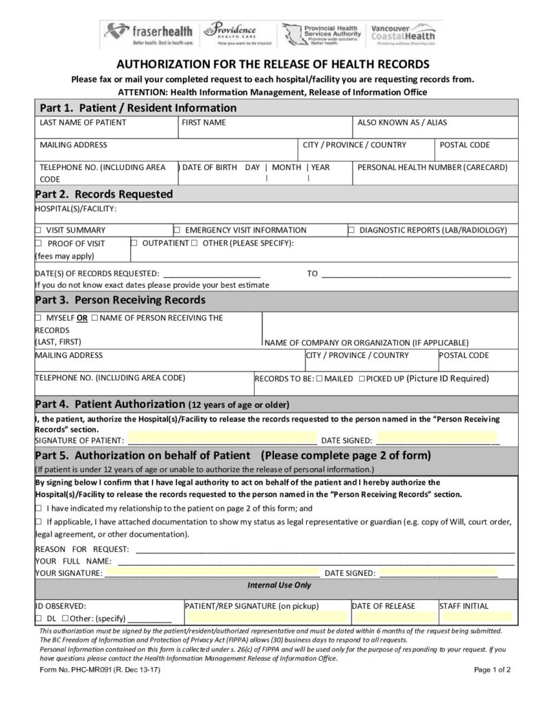 thumbnail of Authorization for the Release of Health Records